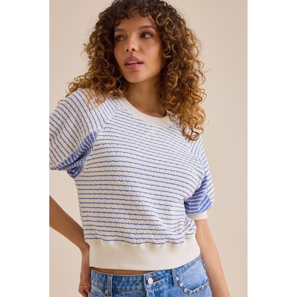 Altar'd State Blue White Striped Short Sleeve Textured Sweater Top Size XXS
